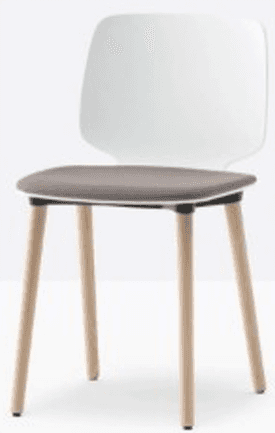 A contemporary dining side chair featuring a molded white backrest, a grey upholstered seat, and fou… — 3D model