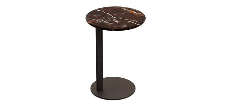 A contemporary accent table featuring a round dark brown marble top with prominent white and reddish… — 3D model