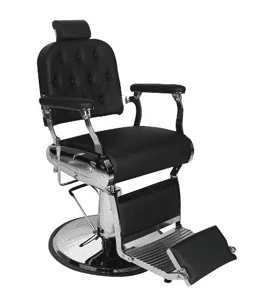 A black barber chair with tufted upholstery, adjustable headrest, chrome accents, armrests, and a fo… — free STL 3D model