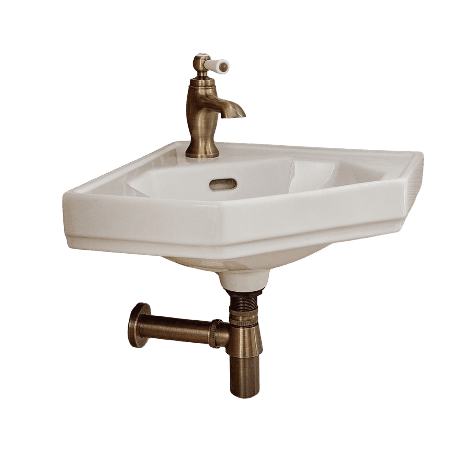 A white ceramic corner sink with a vintage-style brass faucet and drain pipe. The sink features a re… — 3D model