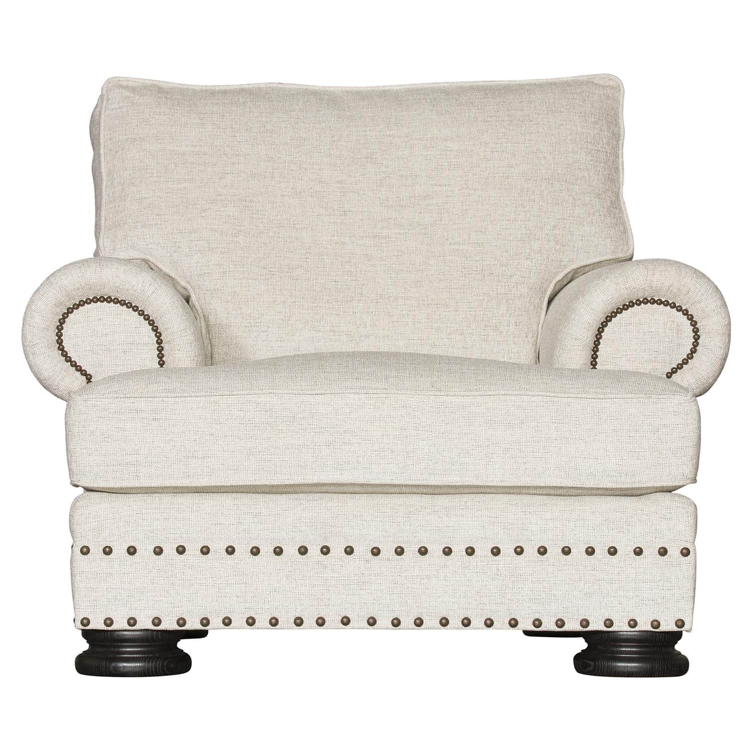 A single armchair upholstered in a textured light-colored fabric. It features rolled arms adorned wi… — free FBX 3D model
