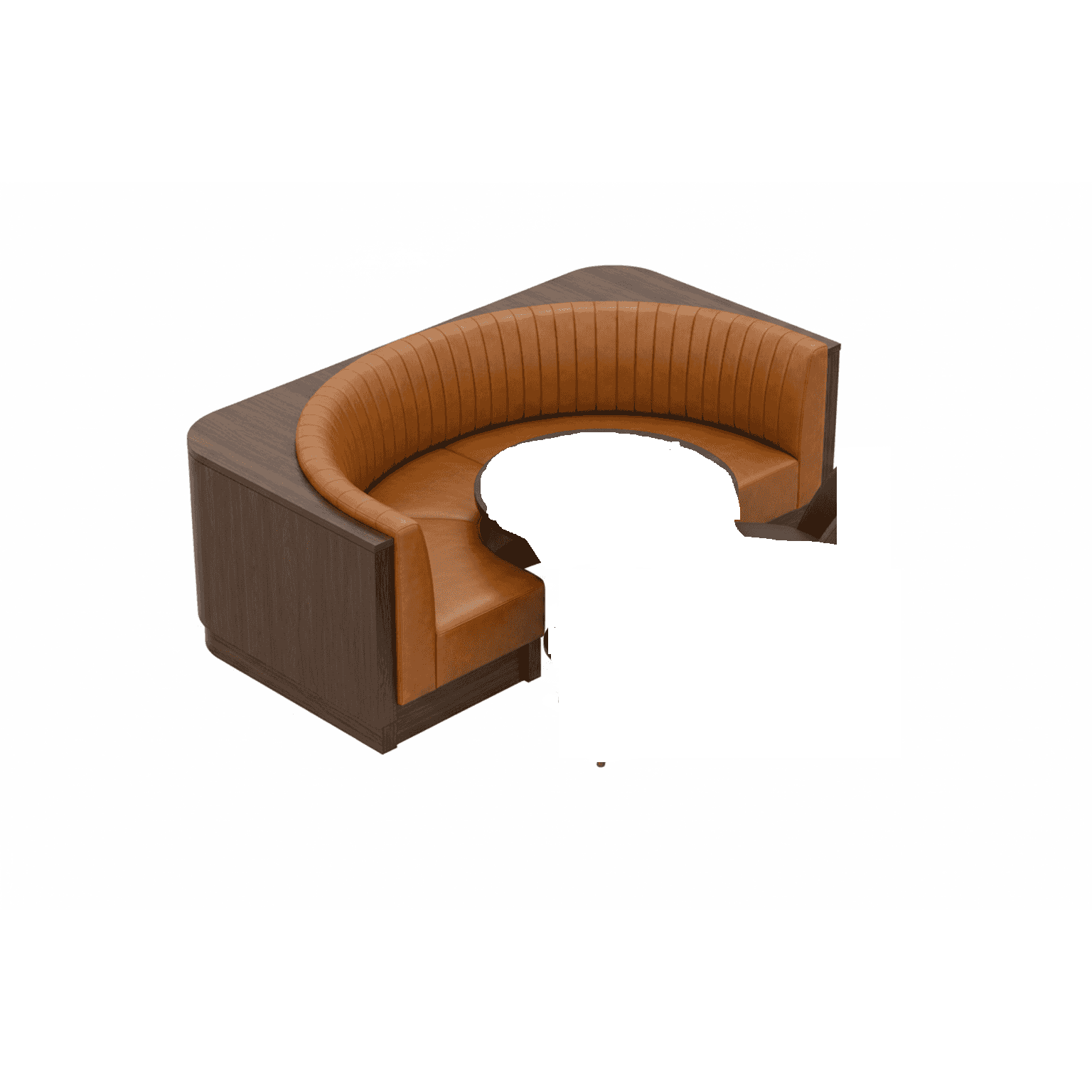A curved commercial booth seating unit featuring a dark brown wood veneer exterior and caramel-color… — 3D model