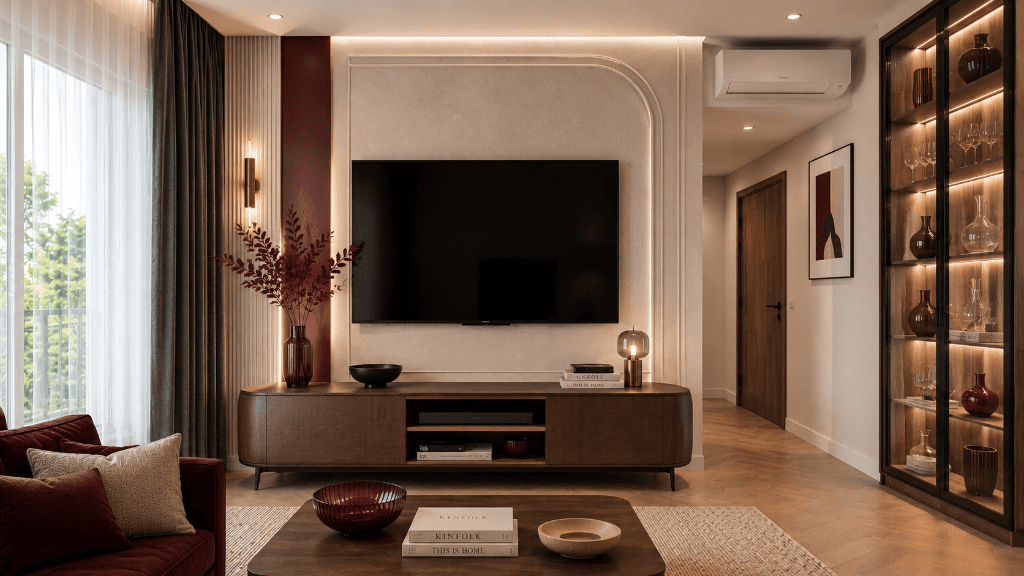A long, low, contemporary media console featuring a dark wood finish and distinctly rounded ends, su… — 3D model