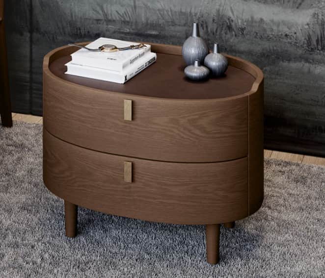An oval-shaped nightstand with two drawers, featuring a dark wood finish and tapered legs. The top s… — free FBX 3D model
