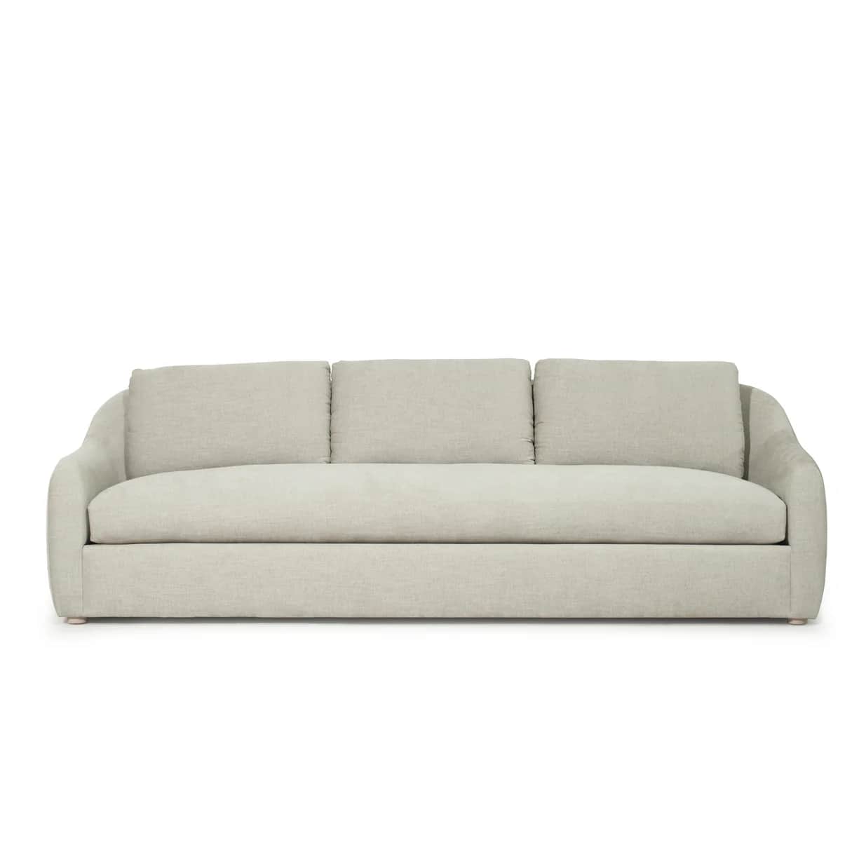 A three-seater sofa with a curved armrest on the left side. The sofa has a tailored base and three s… — 3D model