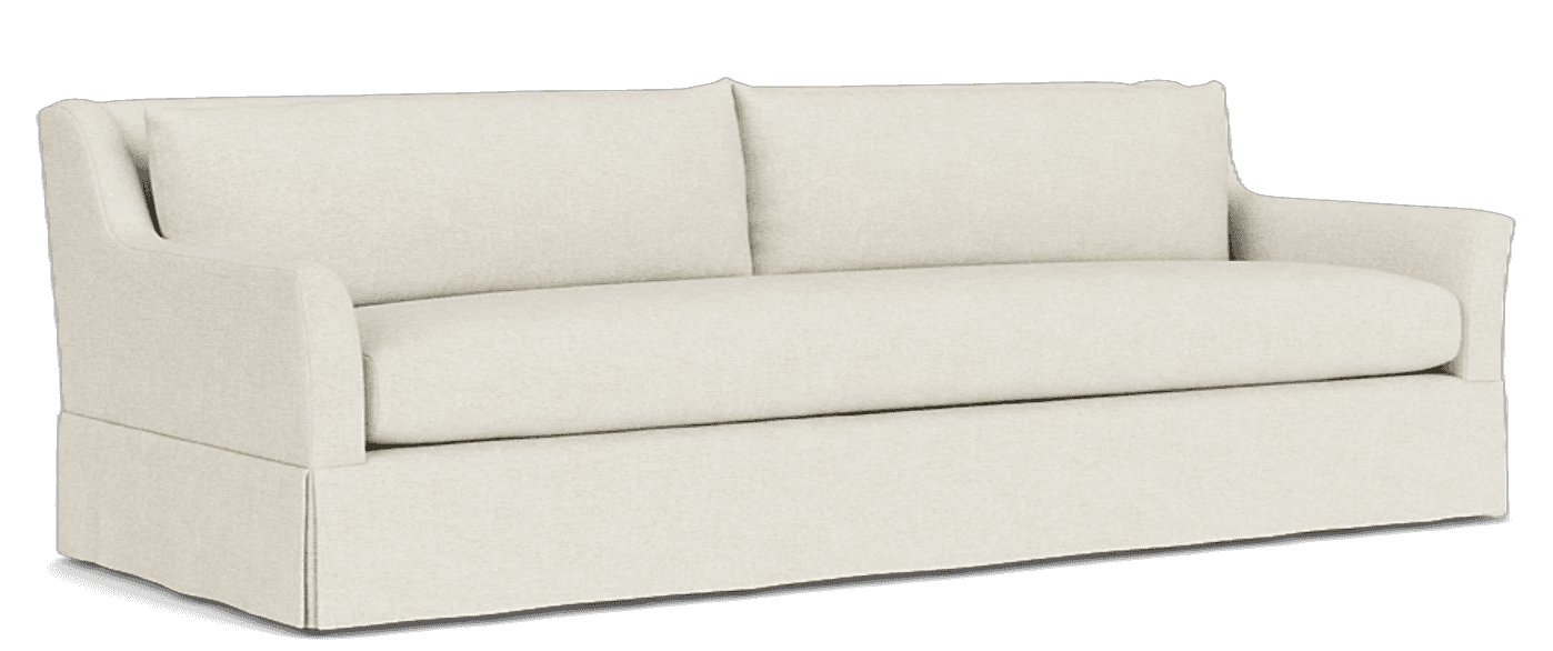 A modern, upholstered sofa with a skirted base. It features a high back with two cushions and rolled… — 3D model