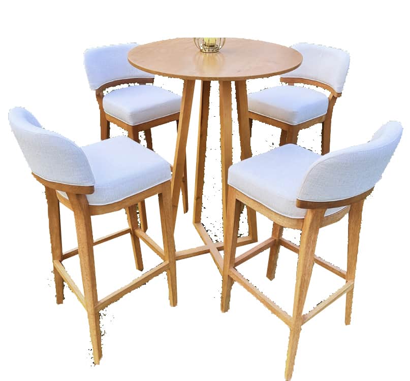 A modern bar height dining set featuring a round wooden table and four matching upholstered bar stoo… — 3D model