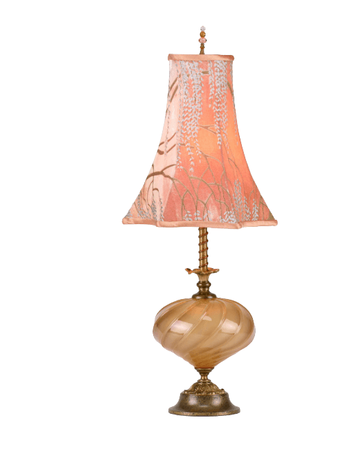 A decorative table lamp with a flared, conical lampshade featuring an orange gradient background wit… — free OBJ 3D model