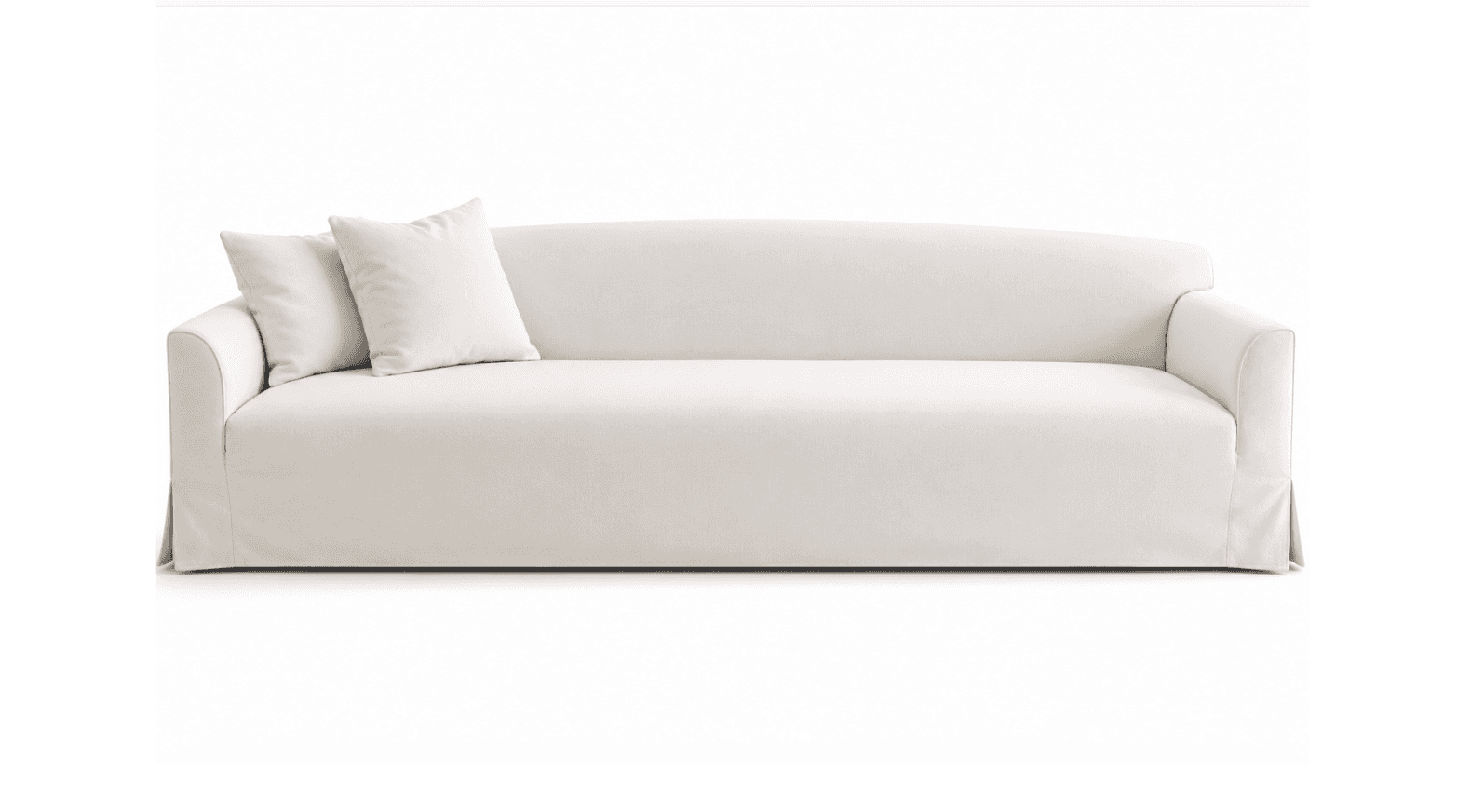 A pristine white slipcovered three-seater sofa with a pleated skirt base and two loose back cushions… — 3D model
