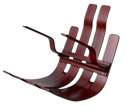 A dark red wooden rocking chair with a curved seat and backrest. The chair features multiple slatted… — 3D model