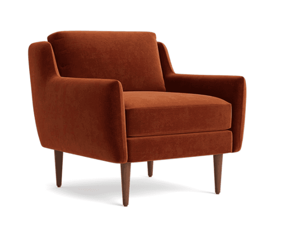 A contemporary armchair upholstered in a rich burnt orange velvet fabric. It features a boxy silhoue… — 3D model