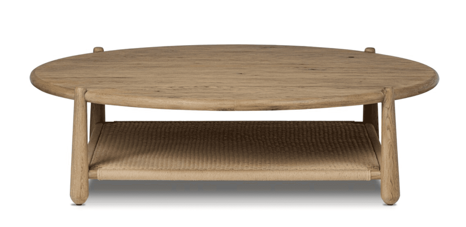 A round wooden coffee table featuring a solid oak tabletop and a functional lower shelf made from ti… — 3D model