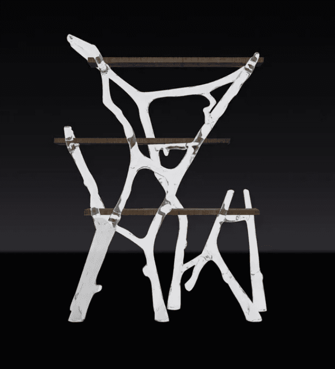 A freestanding multi-tiered display shelf featuring an organic, branch-like polished metal frame and… — 3D model