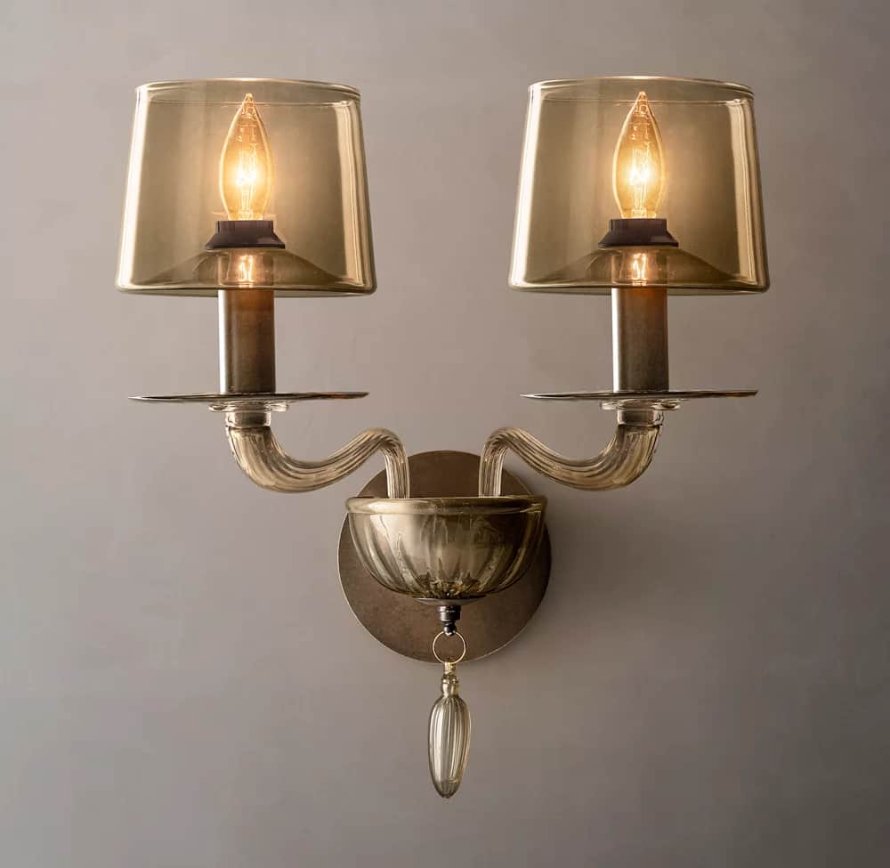 A two-light wall sconce featuring an antique brass or bronze finish, two ribbed glass arms supportin… — free FBX 3D model