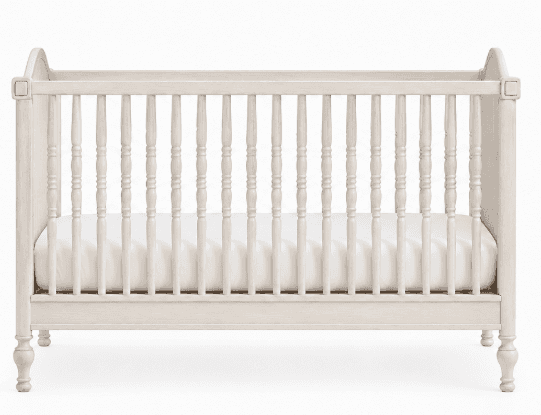 A light-colored, traditional style wooden crib featuring turned spindles and paneled end posts. The… — 3D model