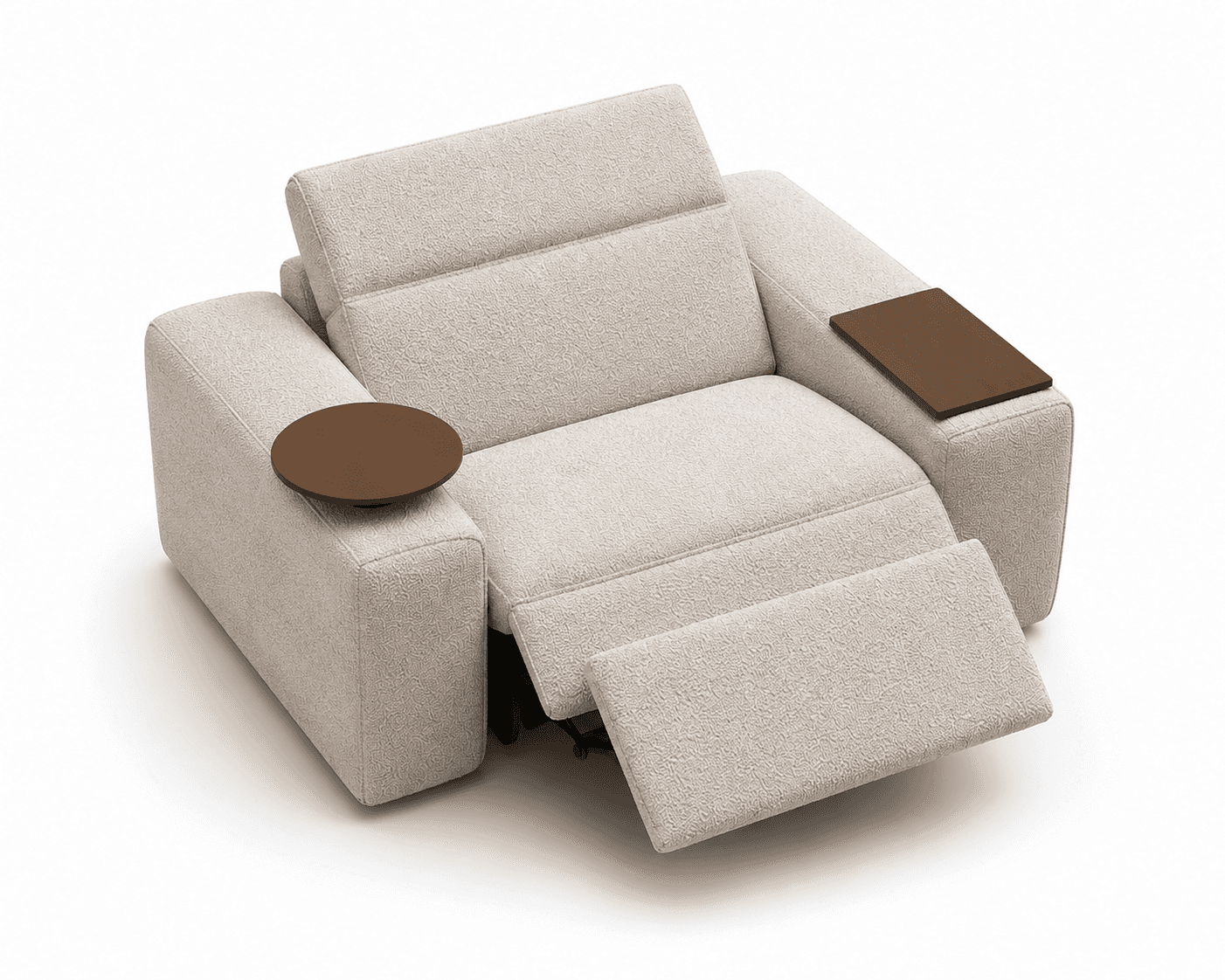A light beige, textured fabric upholstered recliner chair with an extendable footrest and an adjusta… — 3D model
