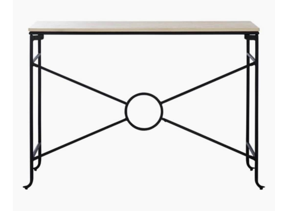 A minimalist console table featuring a light wood top and a black metal frame. The distinctive base… — 3D model