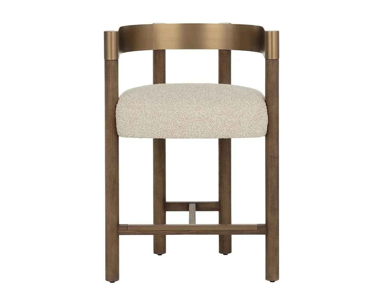 A contemporary bar stool featuring a combination of dark-stained wooden legs, a curved brushed brass… — 3D model