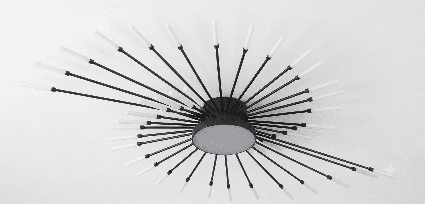 A modern Sputnik-style ceiling light fixture featuring a central black circular base from which nume… — 3D model