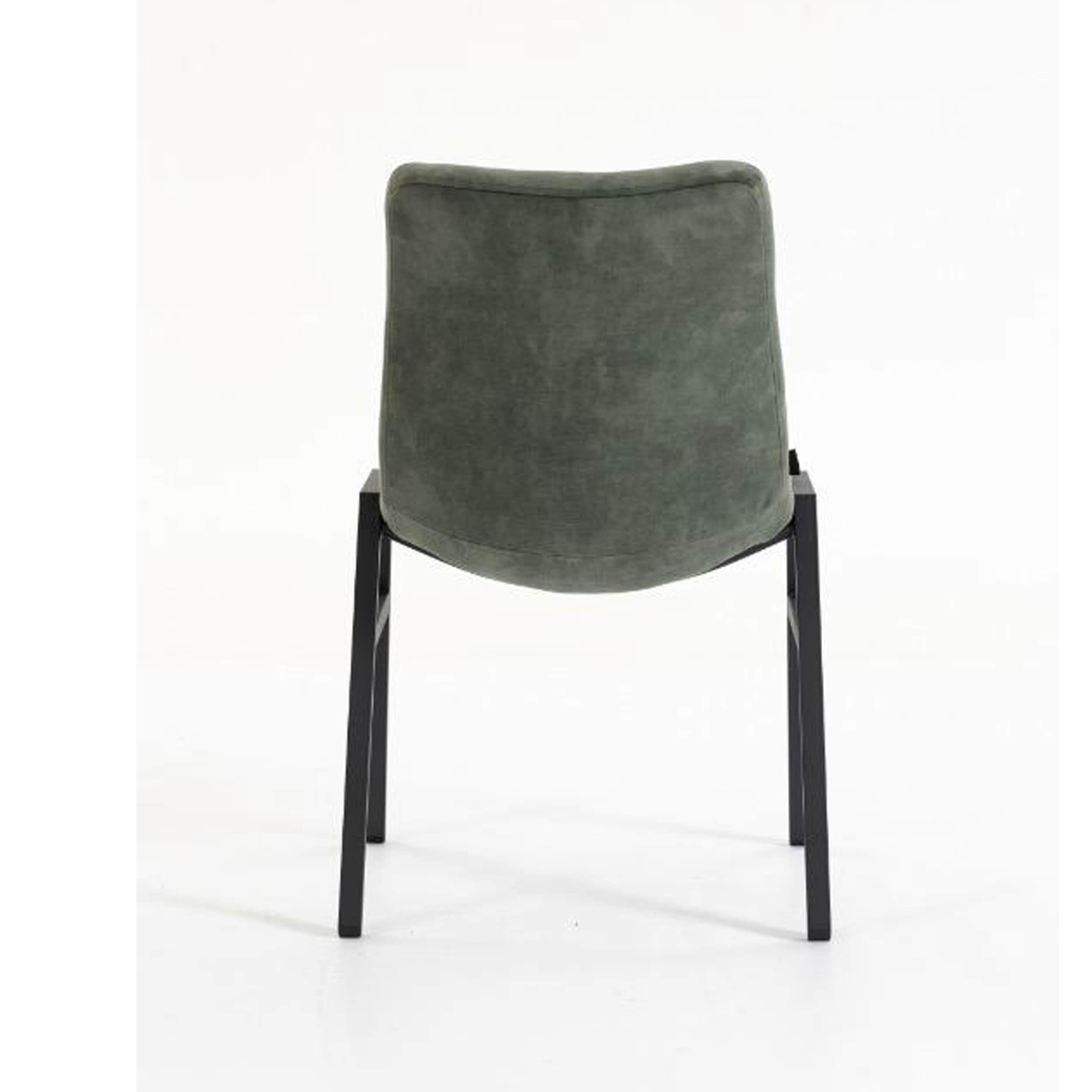 A contemporary dining chair featuring a padded, curved backrest upholstered in a dark green, texture… — 3D model
