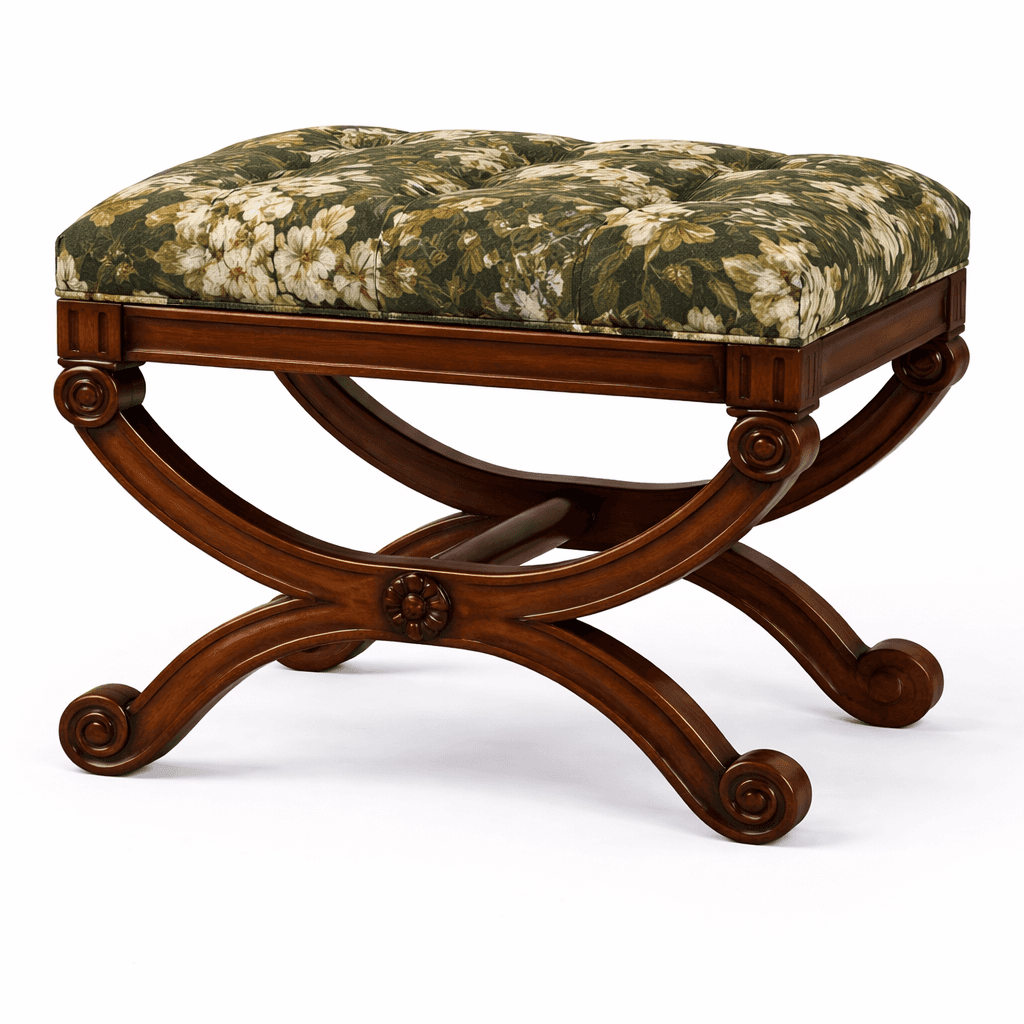 A tufted ottoman with a wooden base. The top is upholstered in a fabric with a floral pattern featur… — 3D model