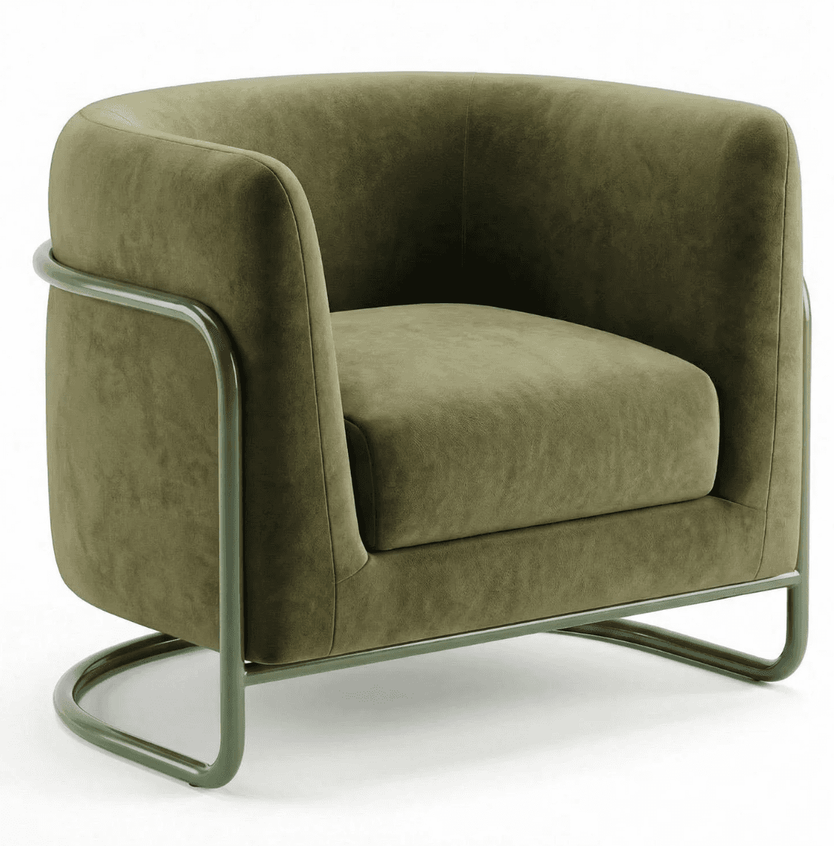 An olive green tub-style lounge chair featuring plush velvet upholstery and a minimalist, powder-coa… — 3D model