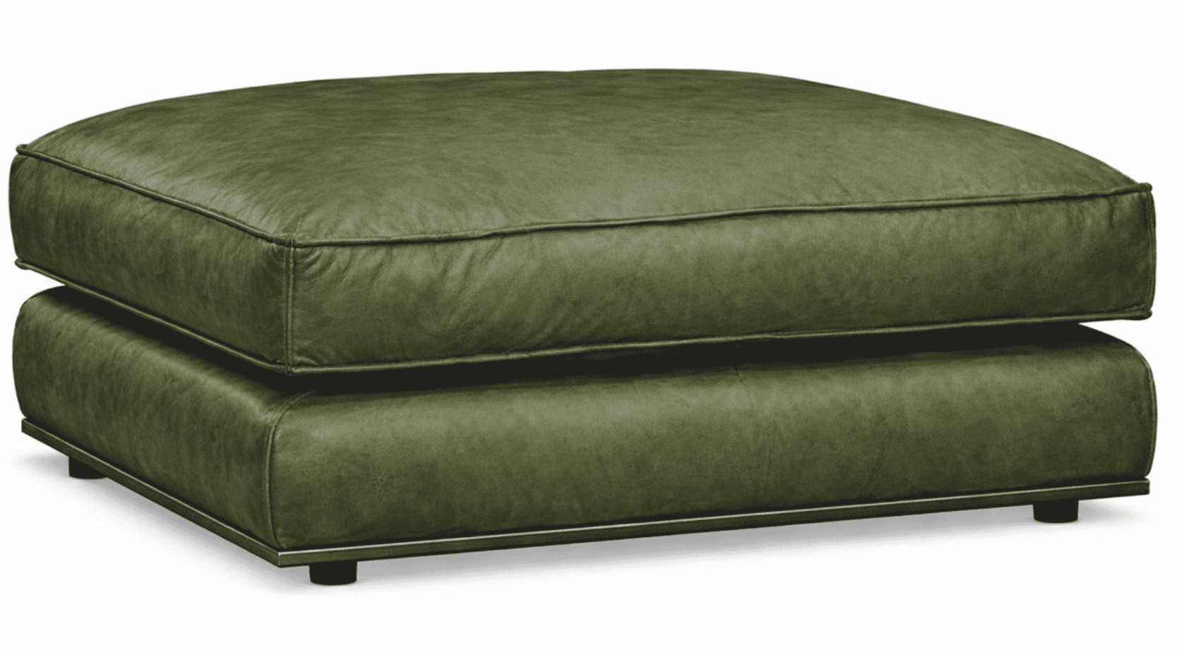 A rectangular, two-tiered ottoman upholstered in olive-green leather, featuring piped edges and supp… — free GLTF 3D model