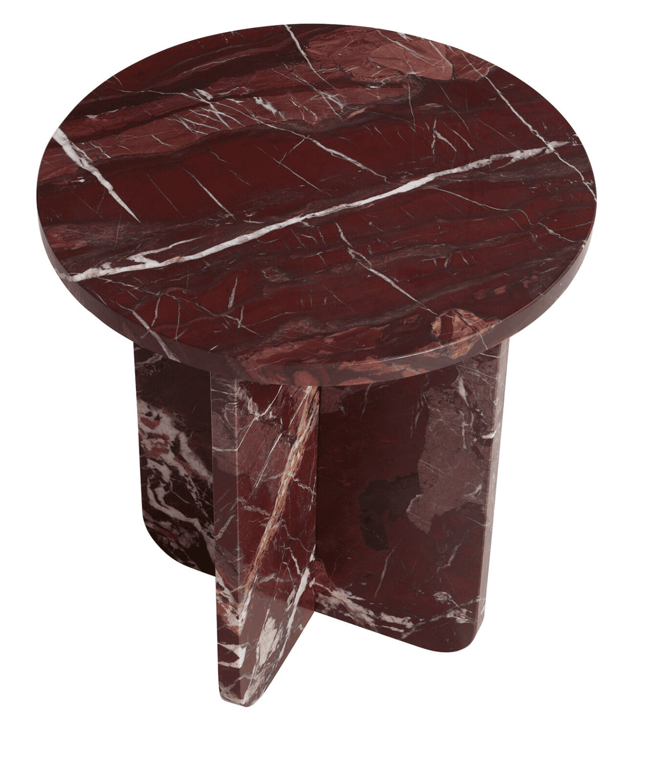 A contemporary side table made entirely from deep red marble with prominent white and cream veining,… — 3D model