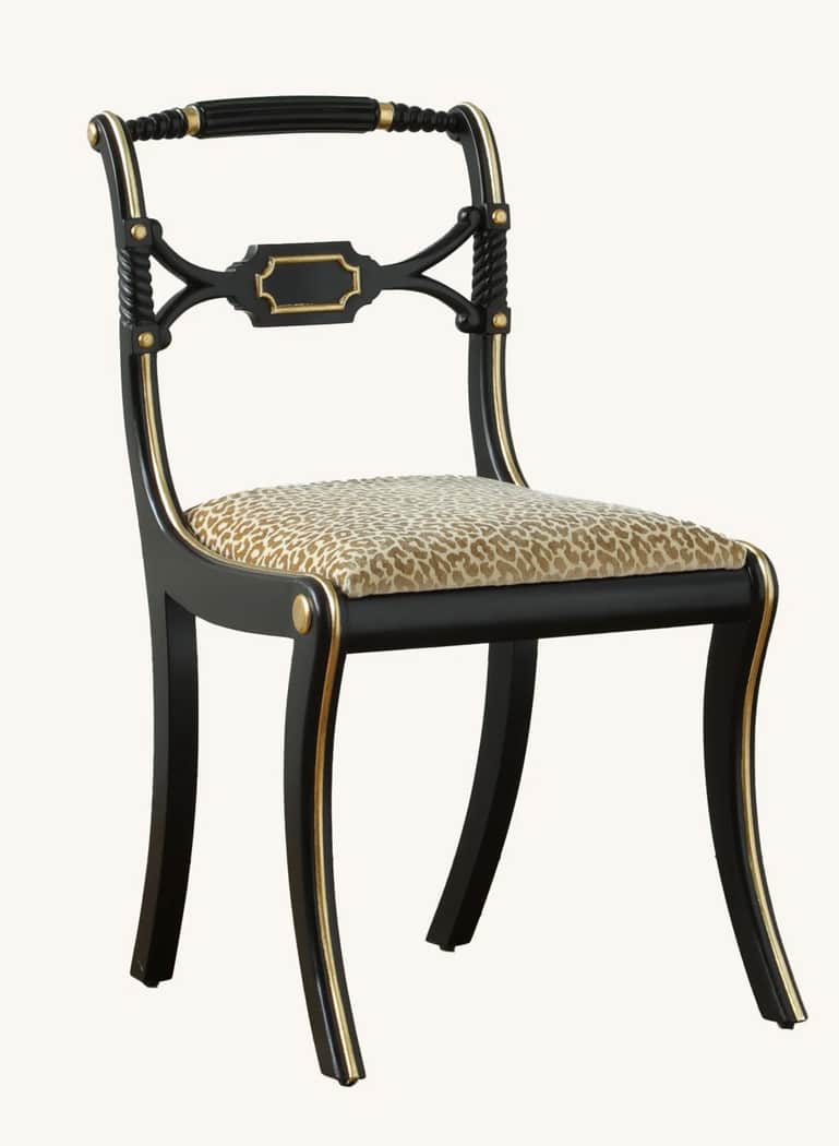 A Regency-style dining chair featuring a black lacquered wooden frame with elegant gilded accents an… — 3D model