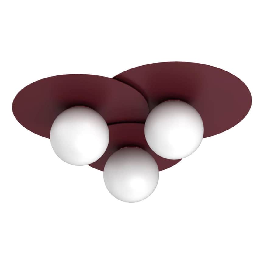 A modern flush mount ceiling light featuring a maroon, three-lobed metal base with three frosted whi… — 3D model