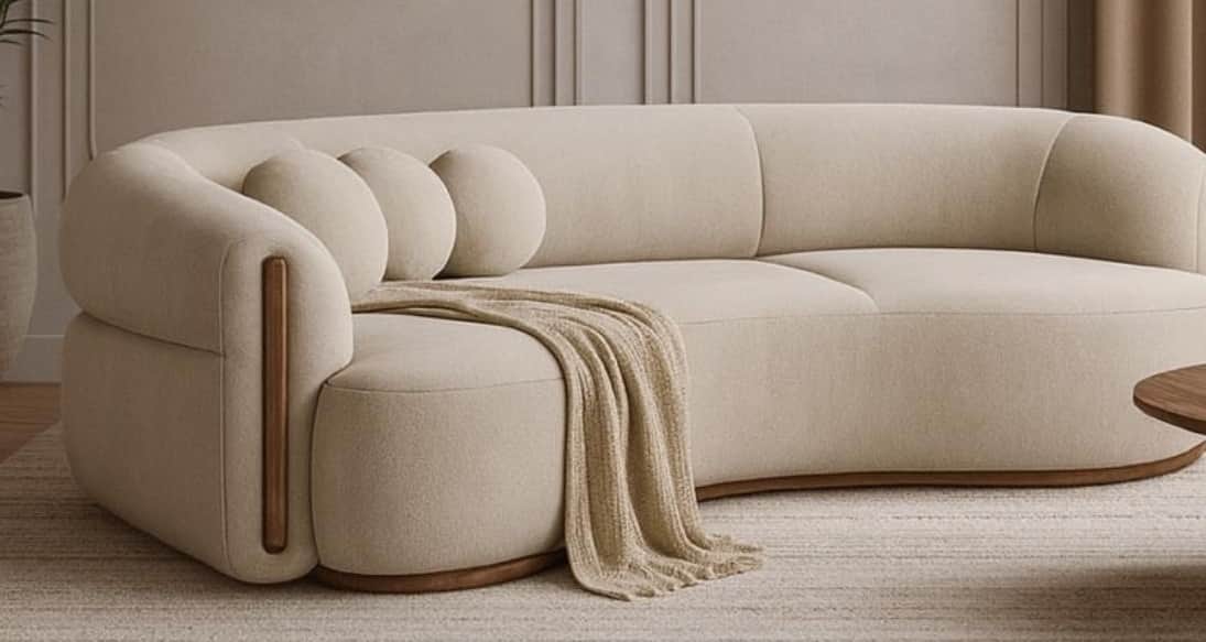 A modern curved sofa upholstered in a light beige, textured fabric, featuring prominent dark wood pa… — free GLTF 3D model