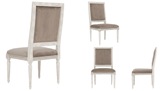 A French Neoclassical style dining chair featuring a distressed whitewashed wooden frame and plush b… — 3D model
