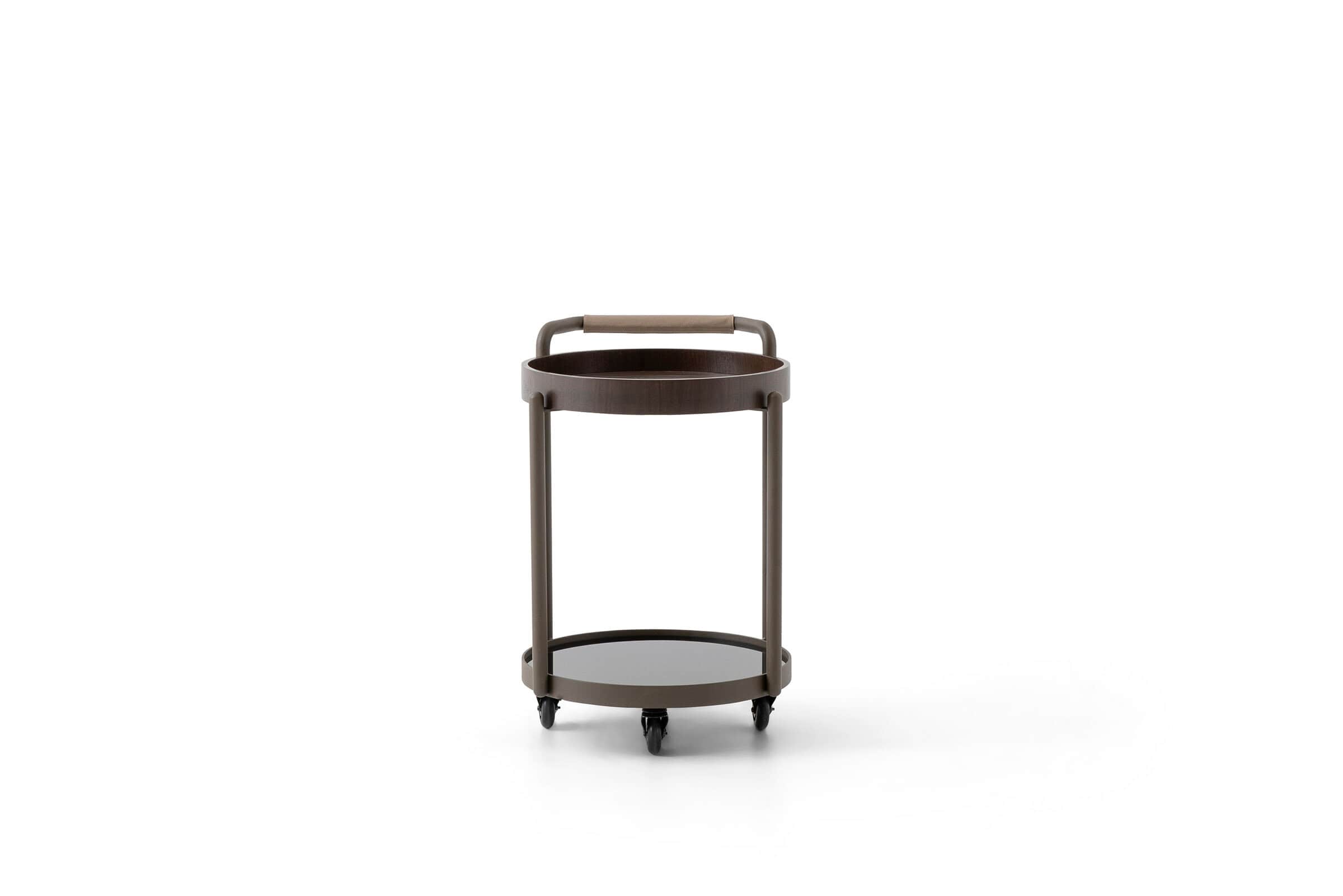 A contemporary two-tier bar cart featuring a dark brown metal frame, a circular wooden top tray, a c… — 3D model