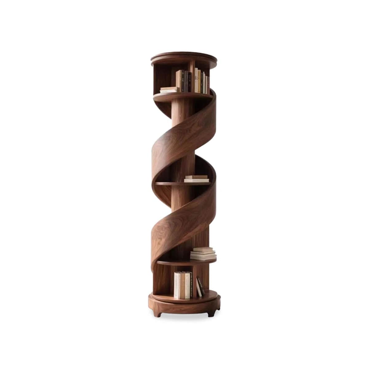 A tall, spiral bookshelf constructed from wood. The bookshelf features a central vertical support wi… — 3D model