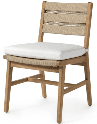 A contemporary dining chair featuring a natural teak wood frame, a woven rope backrest, and a remova… — 3D model