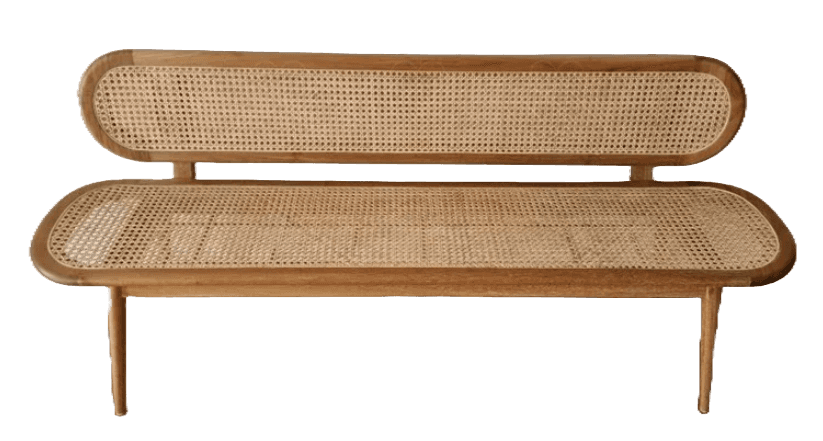 A modern bench featuring an integrated backrest, constructed from light-colored wood and woven cane… — 3D model
