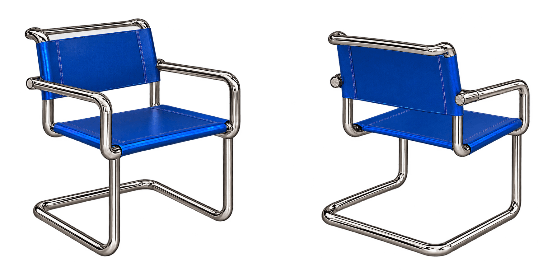A modernist armchair featuring a cantilevered frame constructed from polished tubular chrome-plated… — 3D model