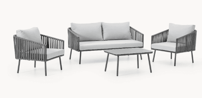 A modern outdoor sofa set consisting of a two-seater sofa, two armchairs, and a coffee table. The fu… — 3D model