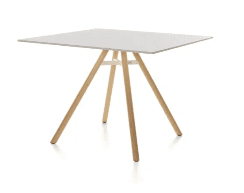 A modern square dining table featuring a white tabletop and splayed natural wood legs, connected by… — free BLEND 3D model