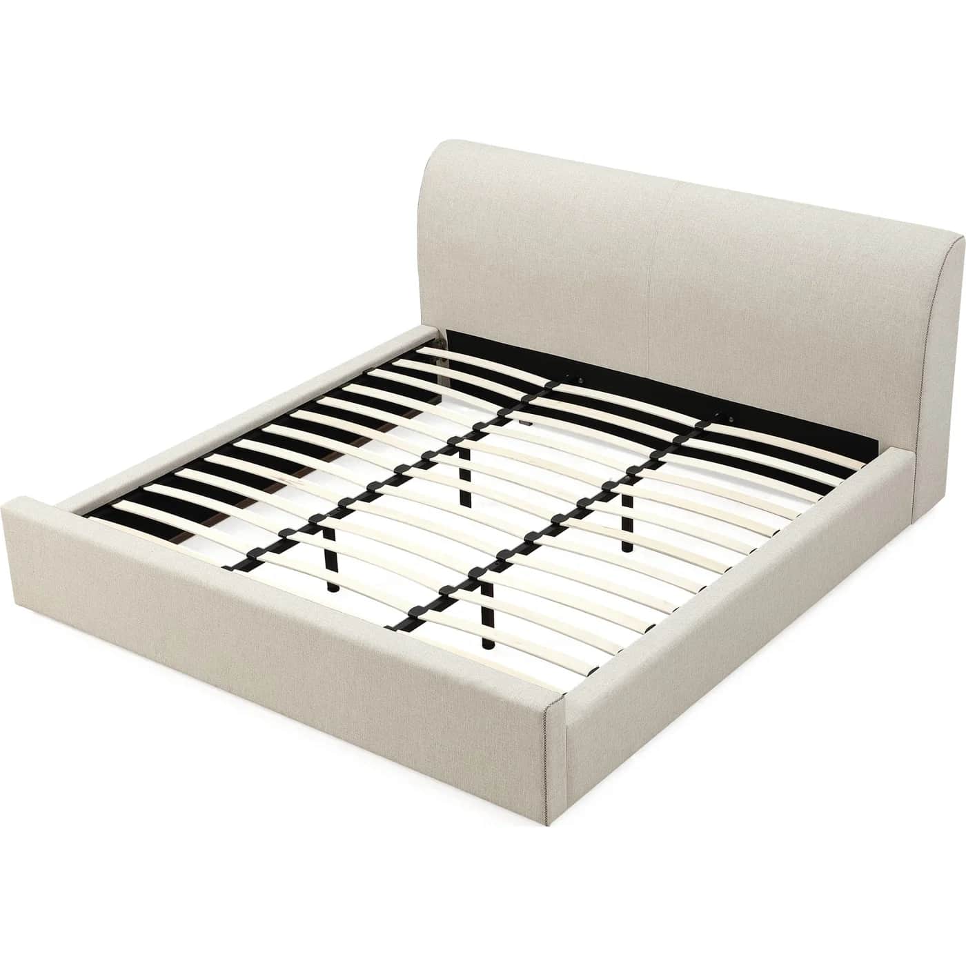 A fabric-upholstered bed frame with a curved headboard and a slatted mattress support system. The fr… — free SKP 3D model