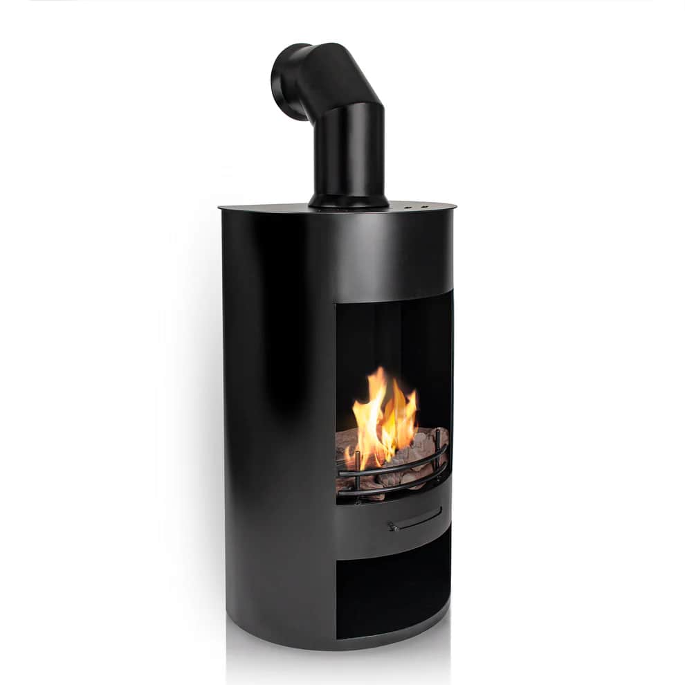 This is a modern, freestanding gas fireplace with a cylindrical black metal body. It features a curv… — 3D model