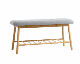A wooden bench with a cushioned seat and a slatted lower shelf for storage. The frame is constructed… — 3D model