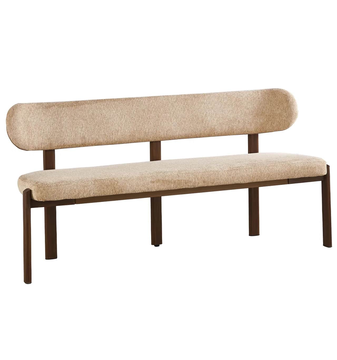 A modern upholstered bench featuring a light beige, textured fabric on both the seat and a distincti… — free SKP 3D model