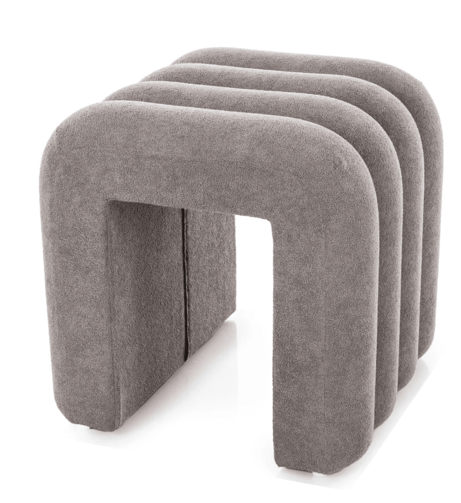 A contemporary, greige-colored upholstered bench featuring a distinctive multi-arched, ribbed design… — 3D model