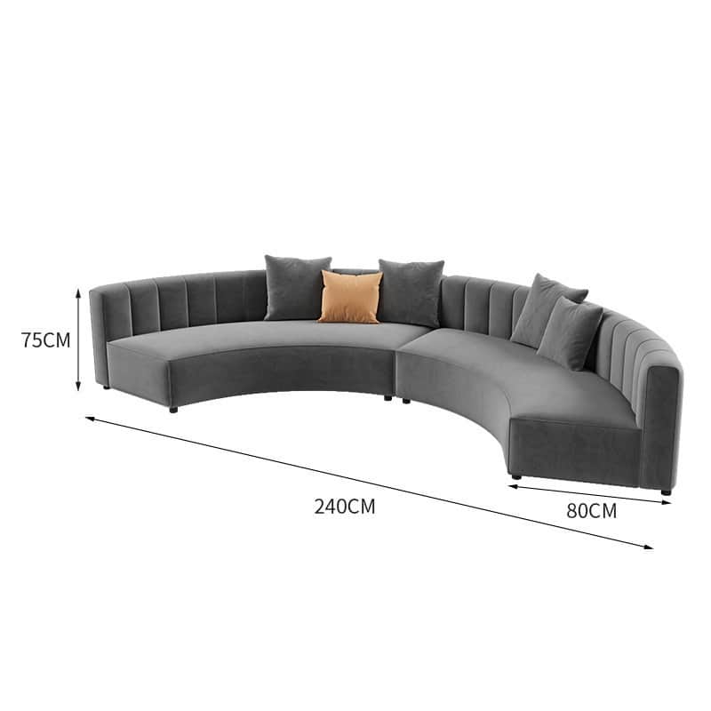 A contemporary curved sectional sofa upholstered in grey velvet, featuring channel tufting on the ba… — free GLTF 3D model