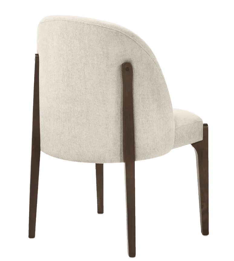 A contemporary upholstered dining chair featuring a curved backrest and seat, supported by a dark wo… — 3D model