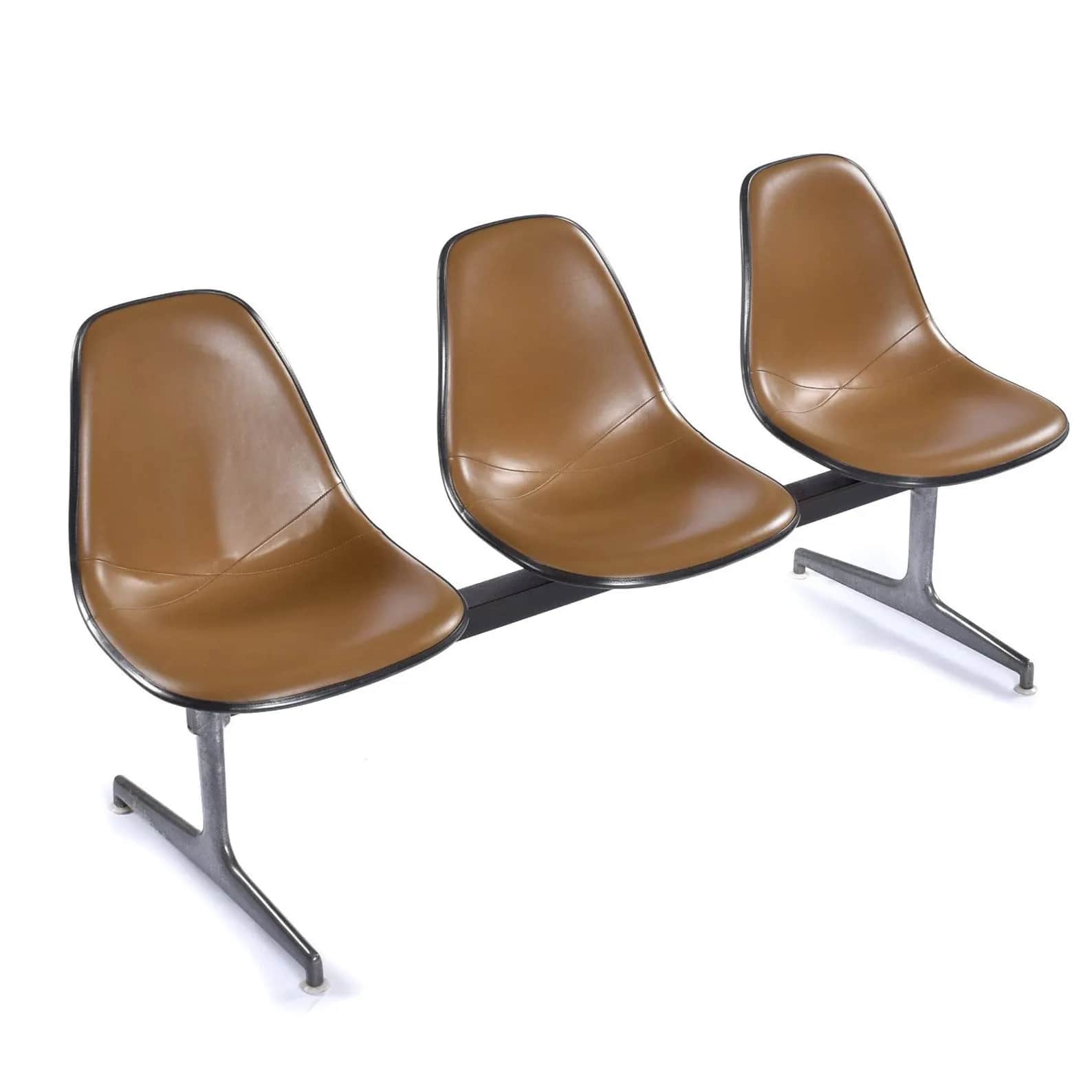 A three-seater bench with individual molded seats attached to a central metal frame. Each seat has a… — free OBJ 3D model