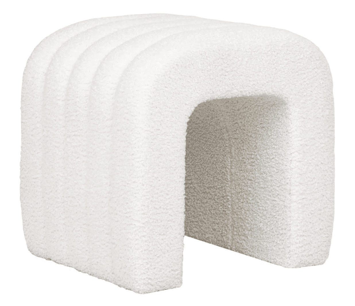 A U-shaped, channel-tufted ottoman upholstered in a cream-colored bouclé fabric. — 3D model
