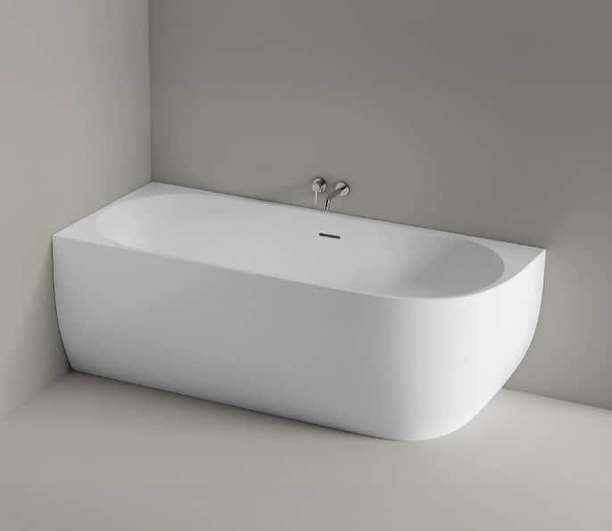 A modern, freestanding bathtub designed for corner installation. It features a smooth, curved exteri… — free BLEND 3D model