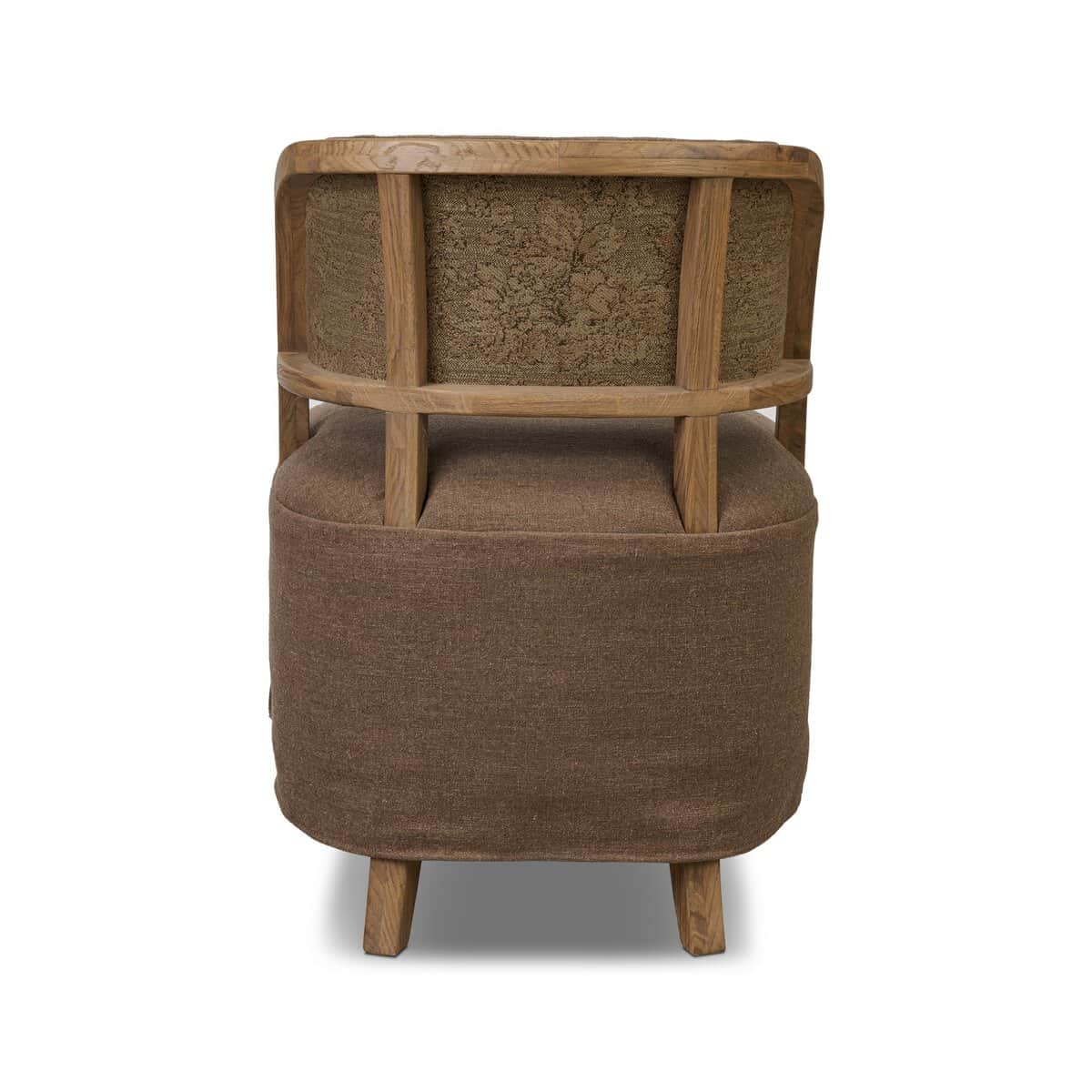 A back view of an armchair featuring a rounded, upholstered seat and backrest with a wooden frame. T… — free OBJ 3D model